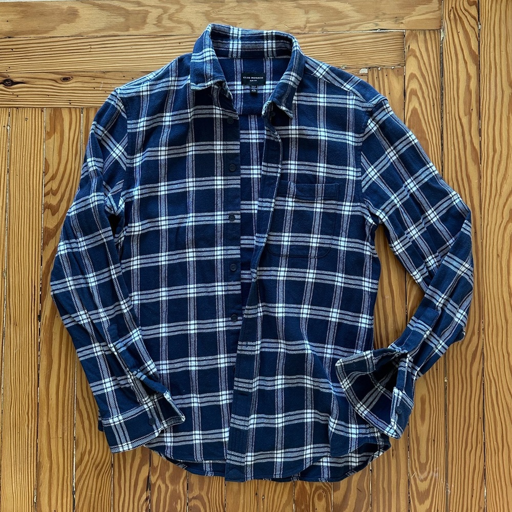 Club Monaco Navy and White Plaid Flannel Shirt